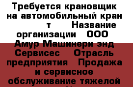 Требуется крановщик на автомобильный кран Tadano (8 т.)  › Название организации ­ ООО “Амур Машинери энд Сервисес“ › Отрасль предприятия ­ Продажа и сервисное обслуживание тяжелой техники › Название вакансии ­ Крановщик на автомобильный кран Tadano (8 т.)  › Место работы ­ ул. Вахрушева, 1 › Минимальный оклад ­ 30 000 - Приморский край, Артем г. Работа » Вакансии   . Приморский край,Артем г.